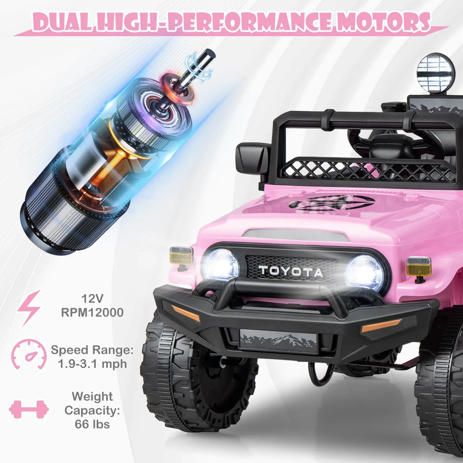 Licensed Toyota FJ Toddler 12V Battery-Powered Pink Ride-On Truck - Image 8