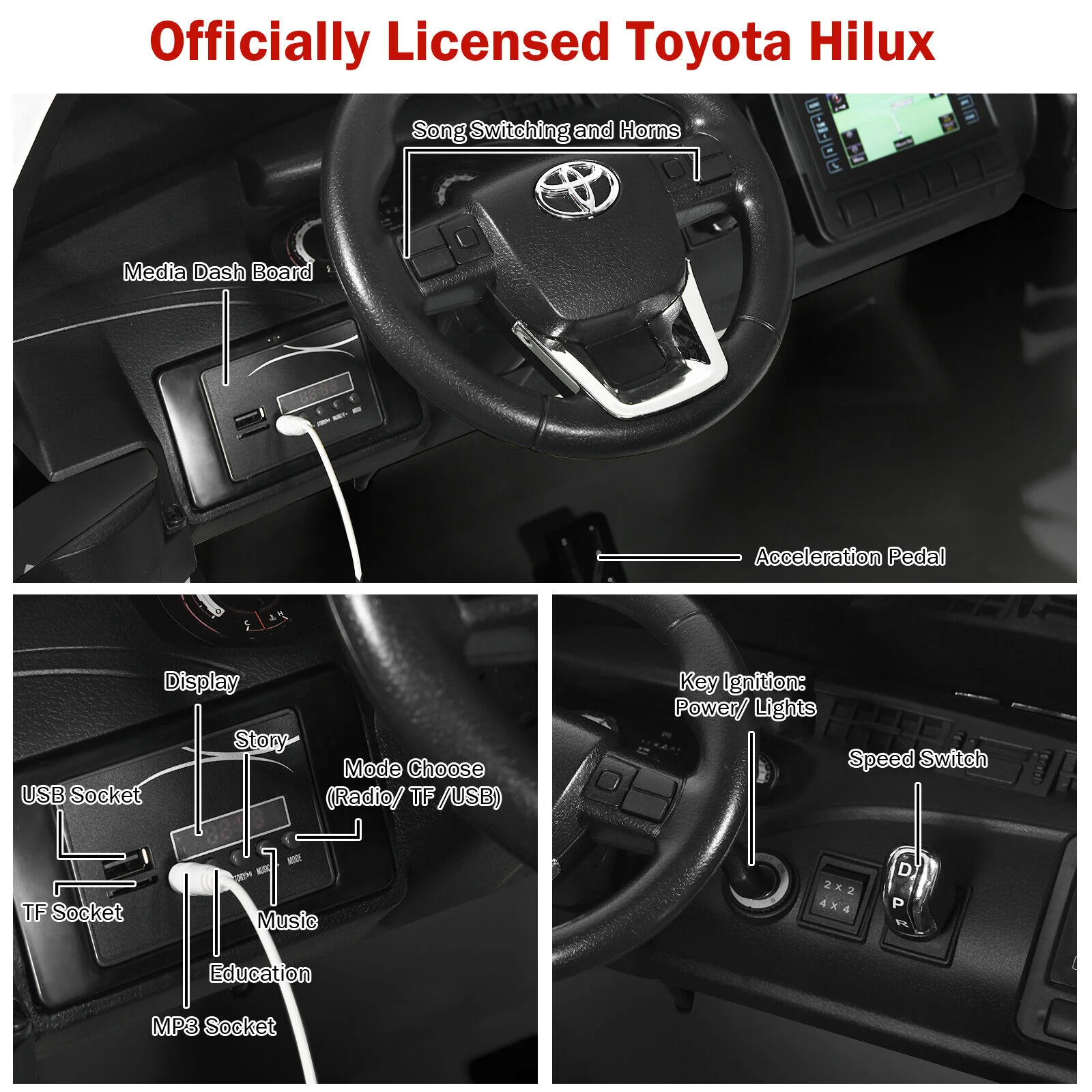 Licensed Toyota Hilux Ride On Truck Car 2-Seater 4WD with Remote Control - Painted Black - Image 8