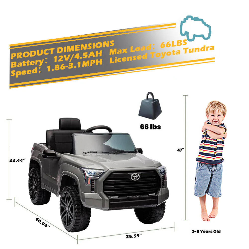 Licensed Toyota Tundra Grey 12V Kids Ride On Pickup Truck with 3 Speeds and Dual Motors - Image 2