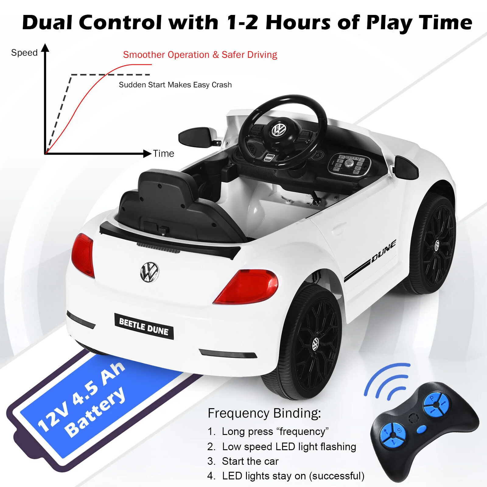 Licensed Volkswagen Beetle 12V Ride On Car for Kids with Music & Remote Control - White - Image 7