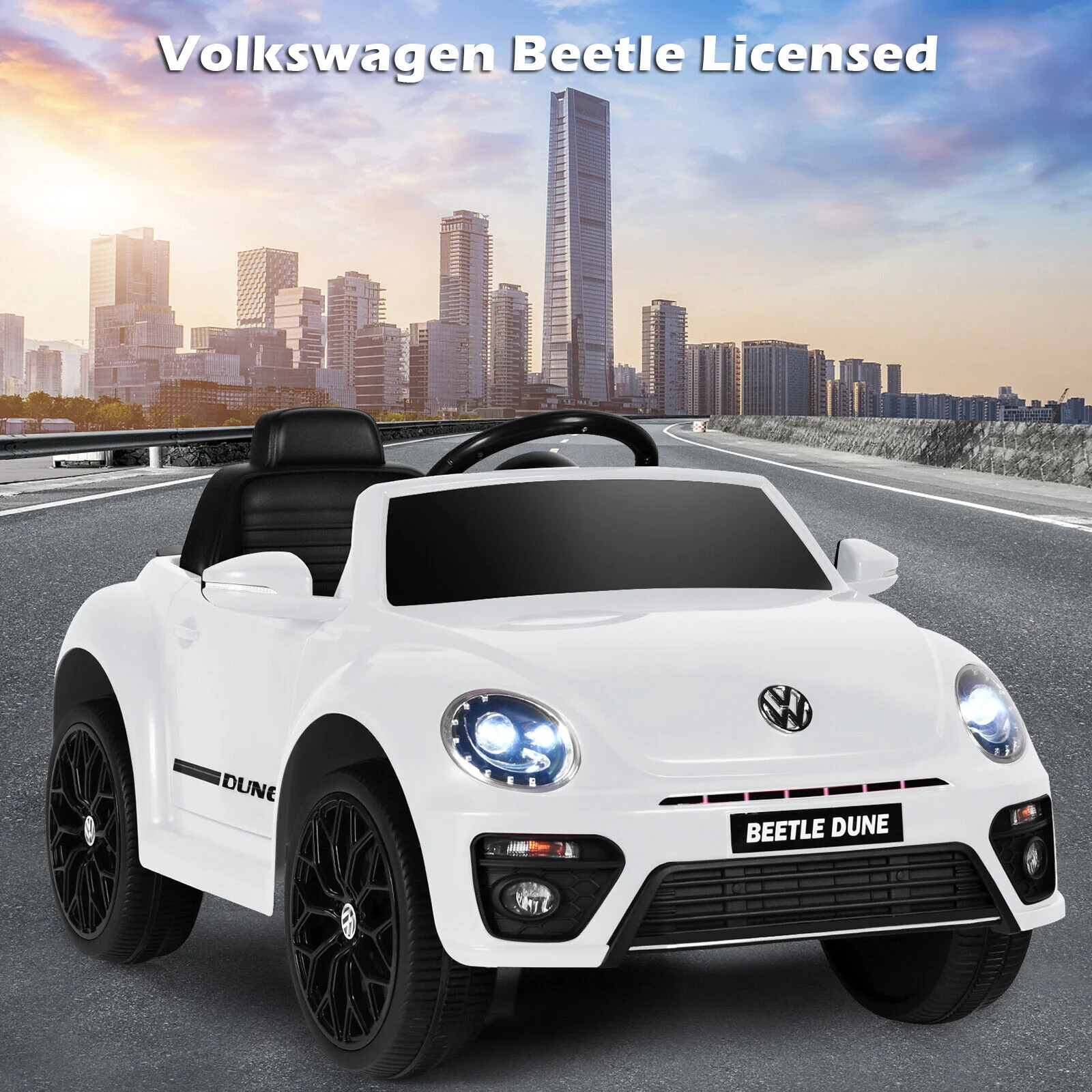 Licensed Volkswagen Beetle 12V Ride On Car for Kids with Remote Control and Music - White - Image 3