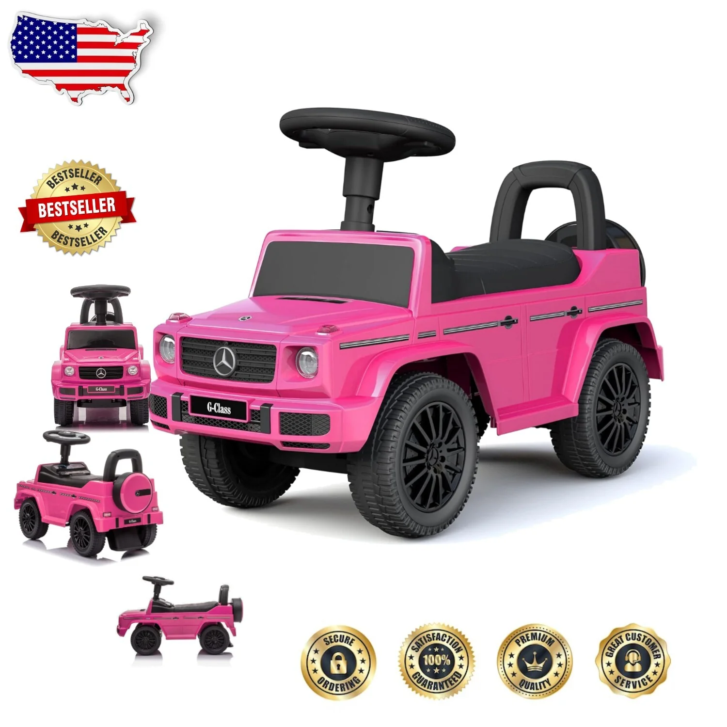 Luxury Pink 3-in-1 Kids Push Car Stroller Ride-On and Walker