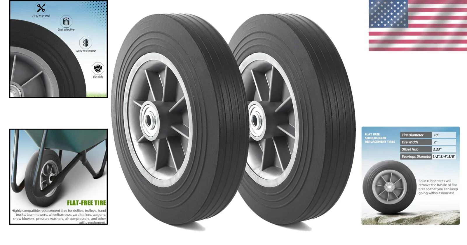 10-Inch Maintenance-Free Solid Rubber Flat-Free Tires 2-Pack for All Applications - Image 2