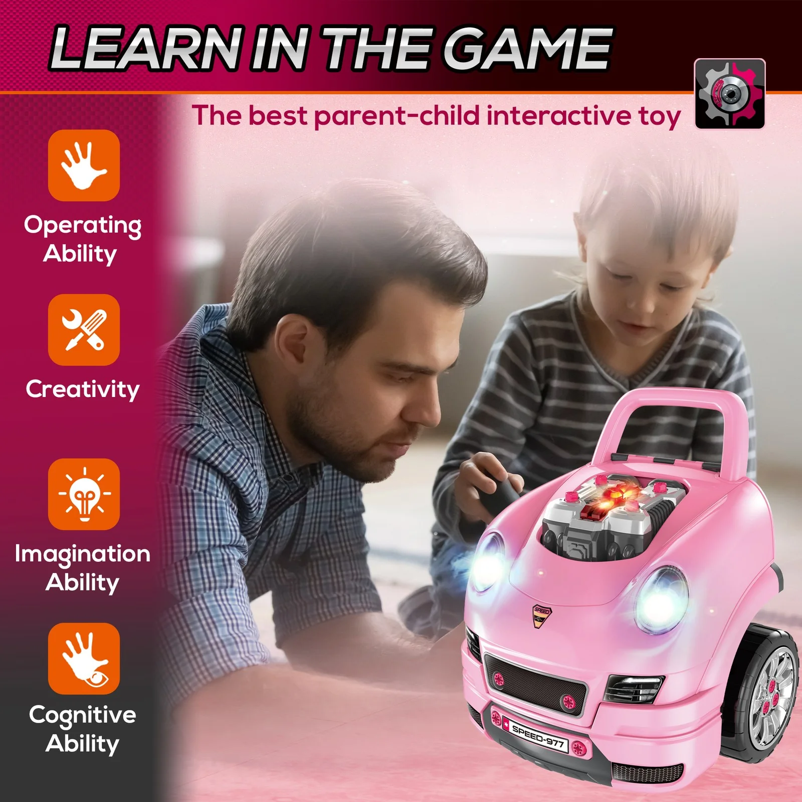 Kids Mechanic Truck and Engine Toy Set with Car Service Playset in Pink - Image 5