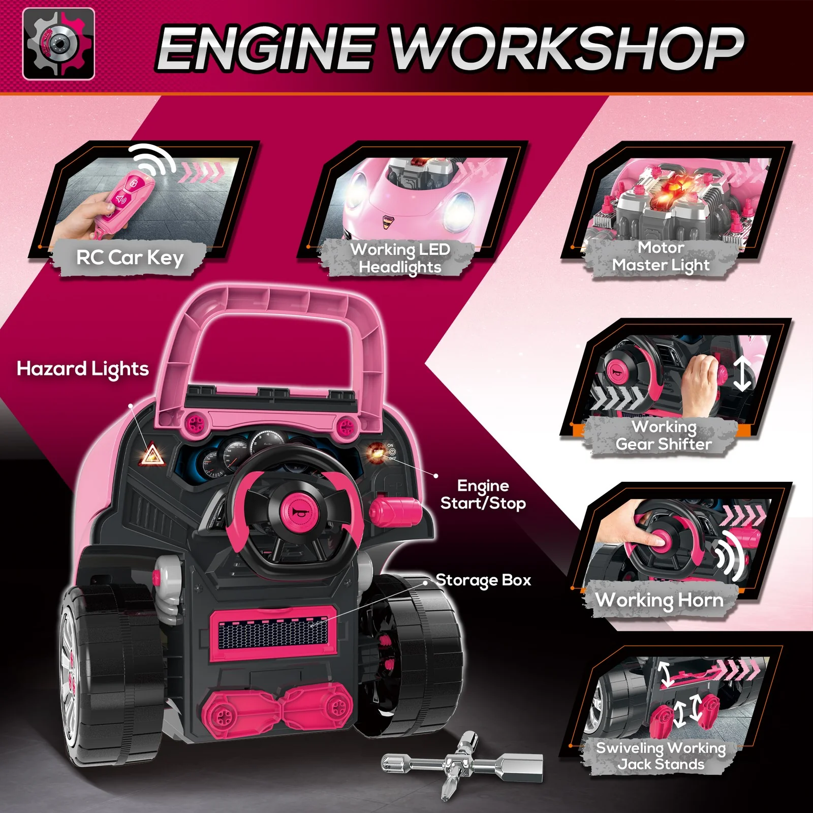 Kids Mechanic Truck and Engine Toy Set with Car Service Playset in Pink - Image 7