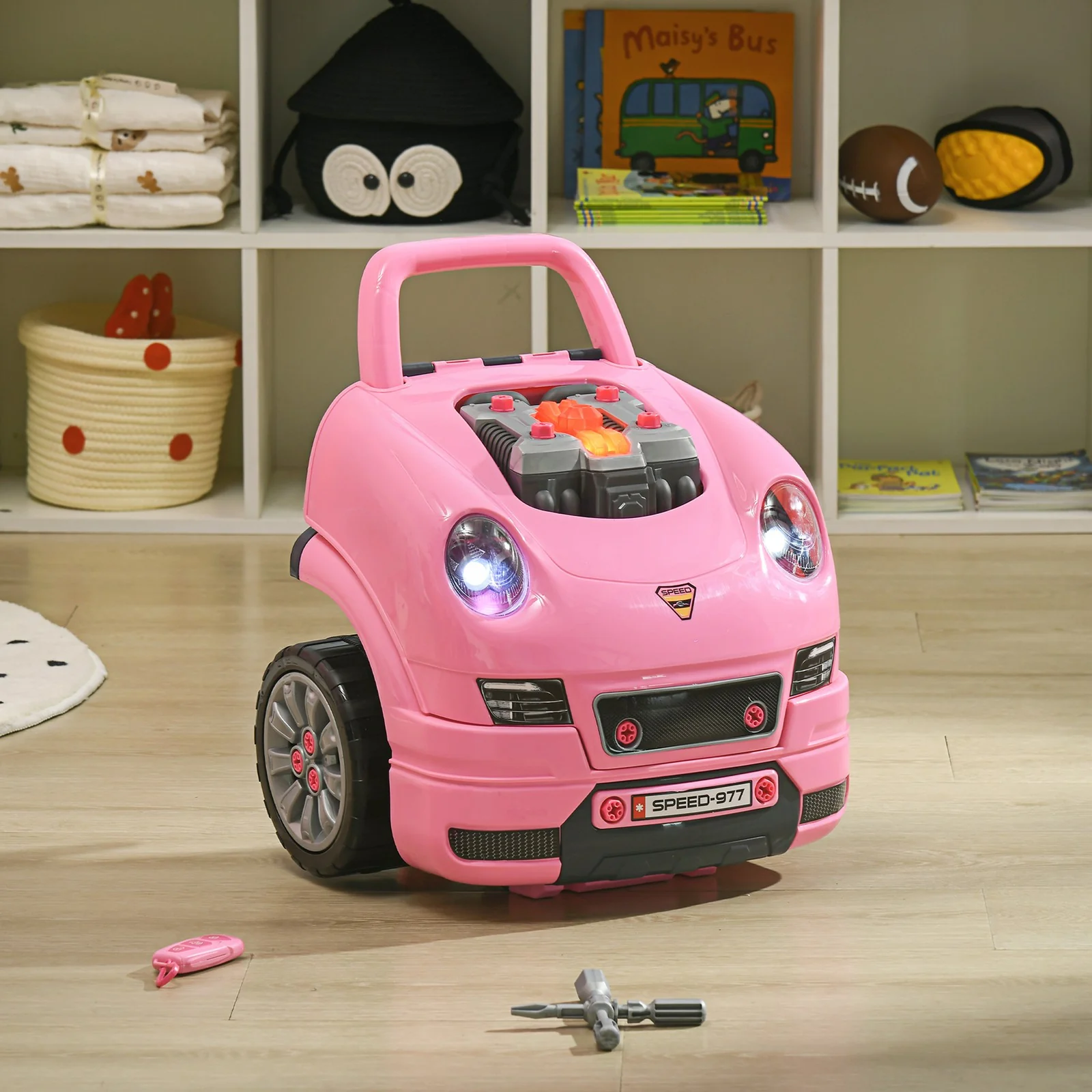 Kids Mechanic Truck and Engine Toy Set with Car Service Playset in Pink - Image 9