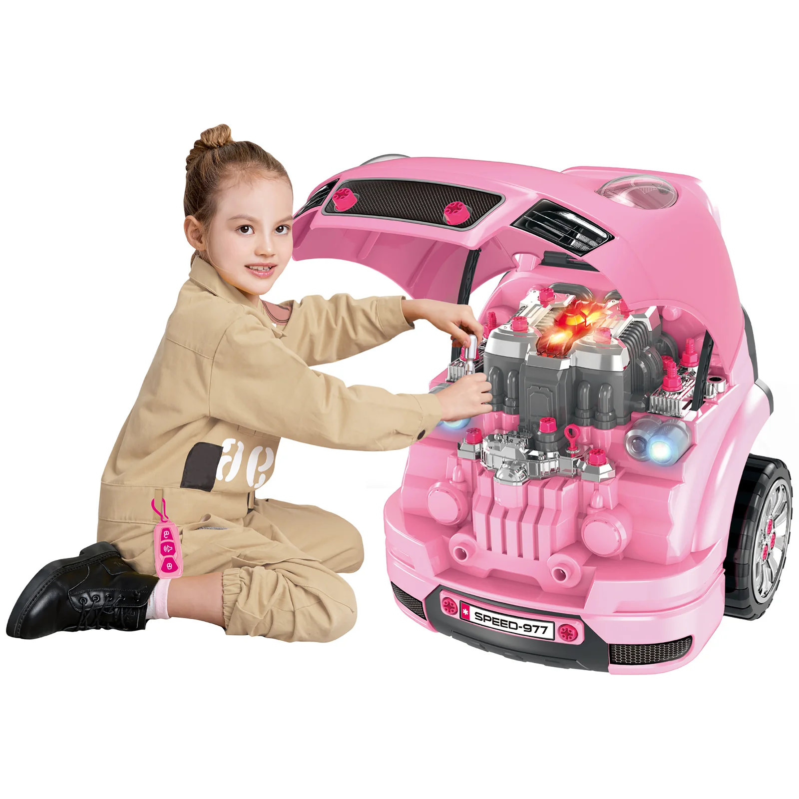 Kids Mechanic Truck Engine Toy Set with Car Service Playset and Engine Disassembly Features