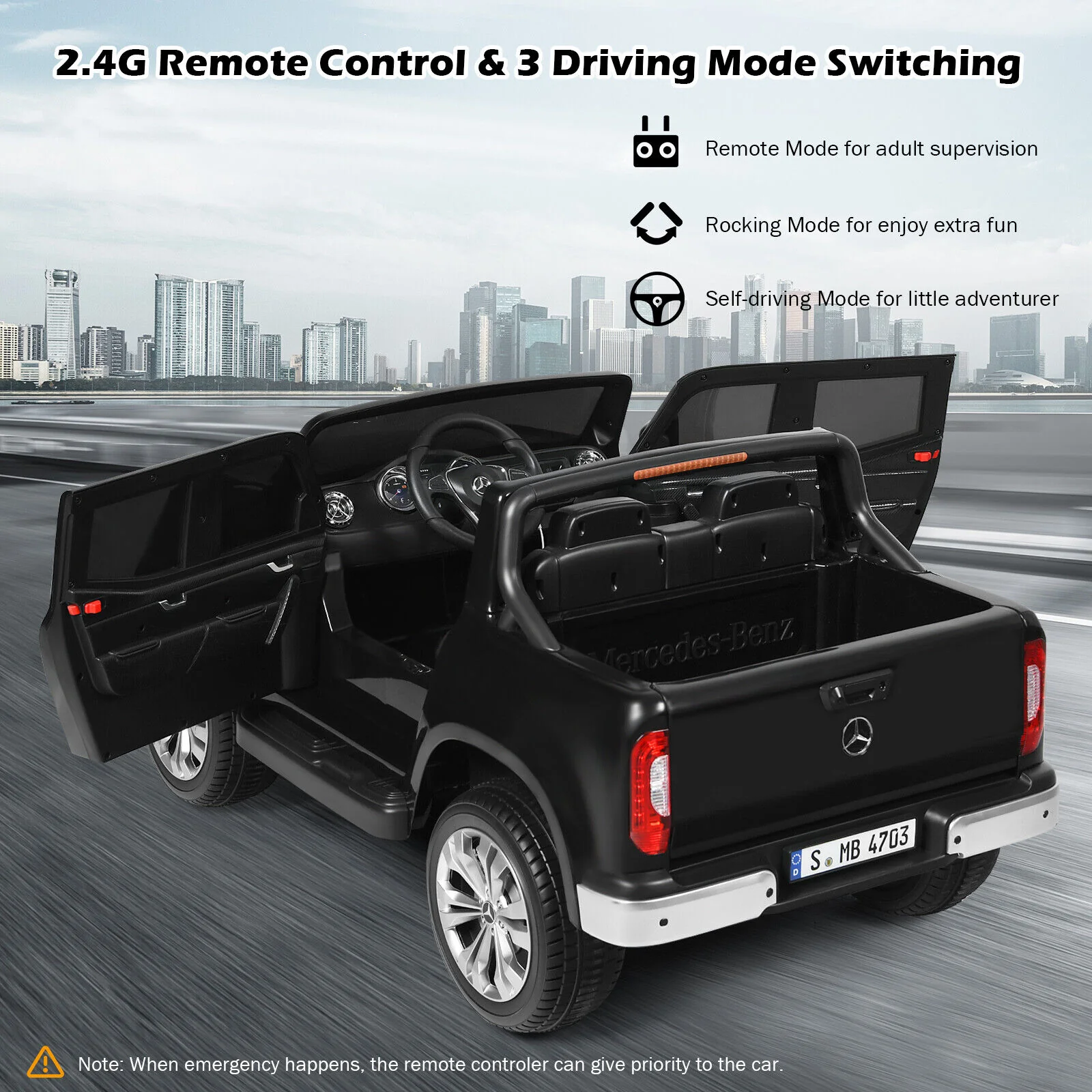 Mercedes Benz Licensed X Class RC 2-Seater 12V Kids Ride On Car with Trunk in Black - Image 8