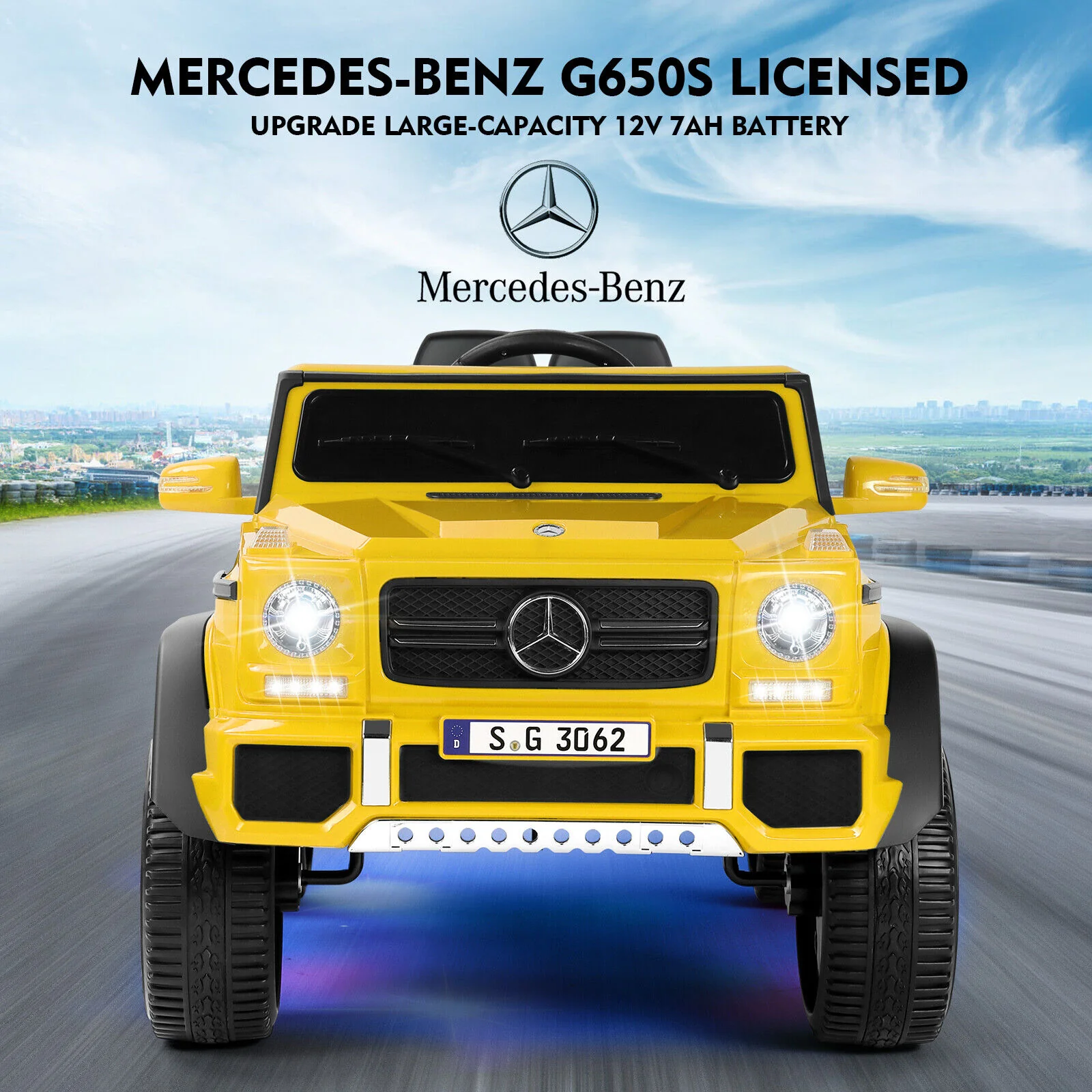 Mercedes-Benz Truck 12V Battery Ride On Car for Kids with 3 Speeds, LED Lights, Music, and Remote Control - Yellow - Image 3