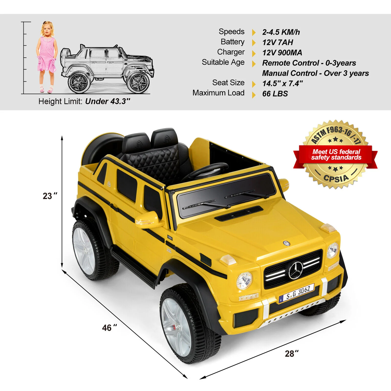 Mercedes-Benz Truck 12V Battery Ride On Car for Kids with 3 Speeds, LED Lights, Music, and Remote Control - Yellow - Image 4