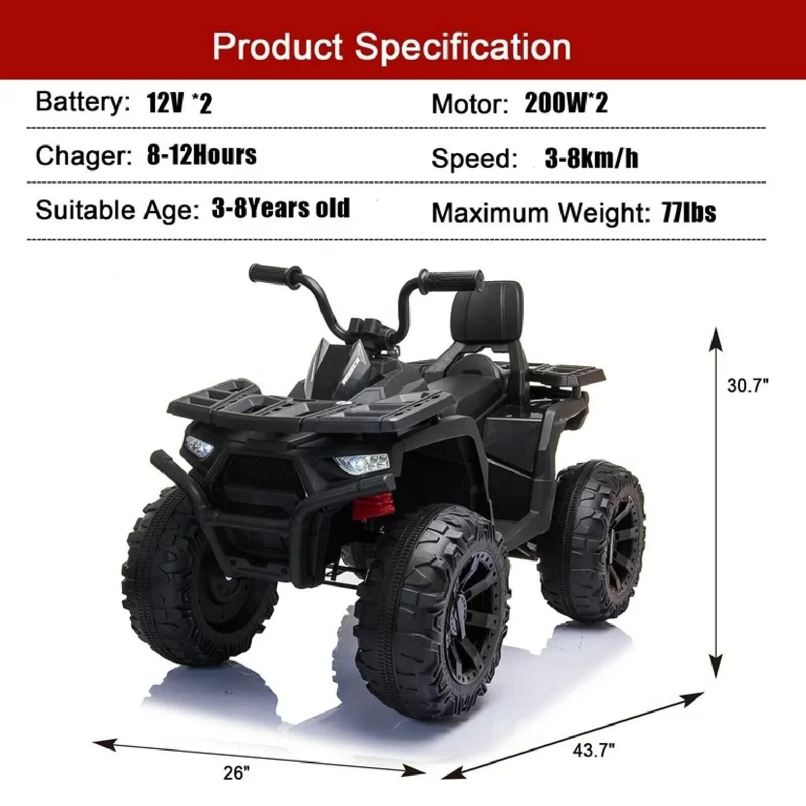 Miniyam 24V Electric ATV for Kids with LED Headlights - Black - Image 6