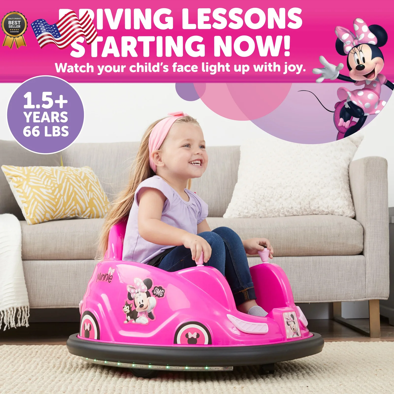 6V Minnie Ride-On Bumper Car Toy - Image 3