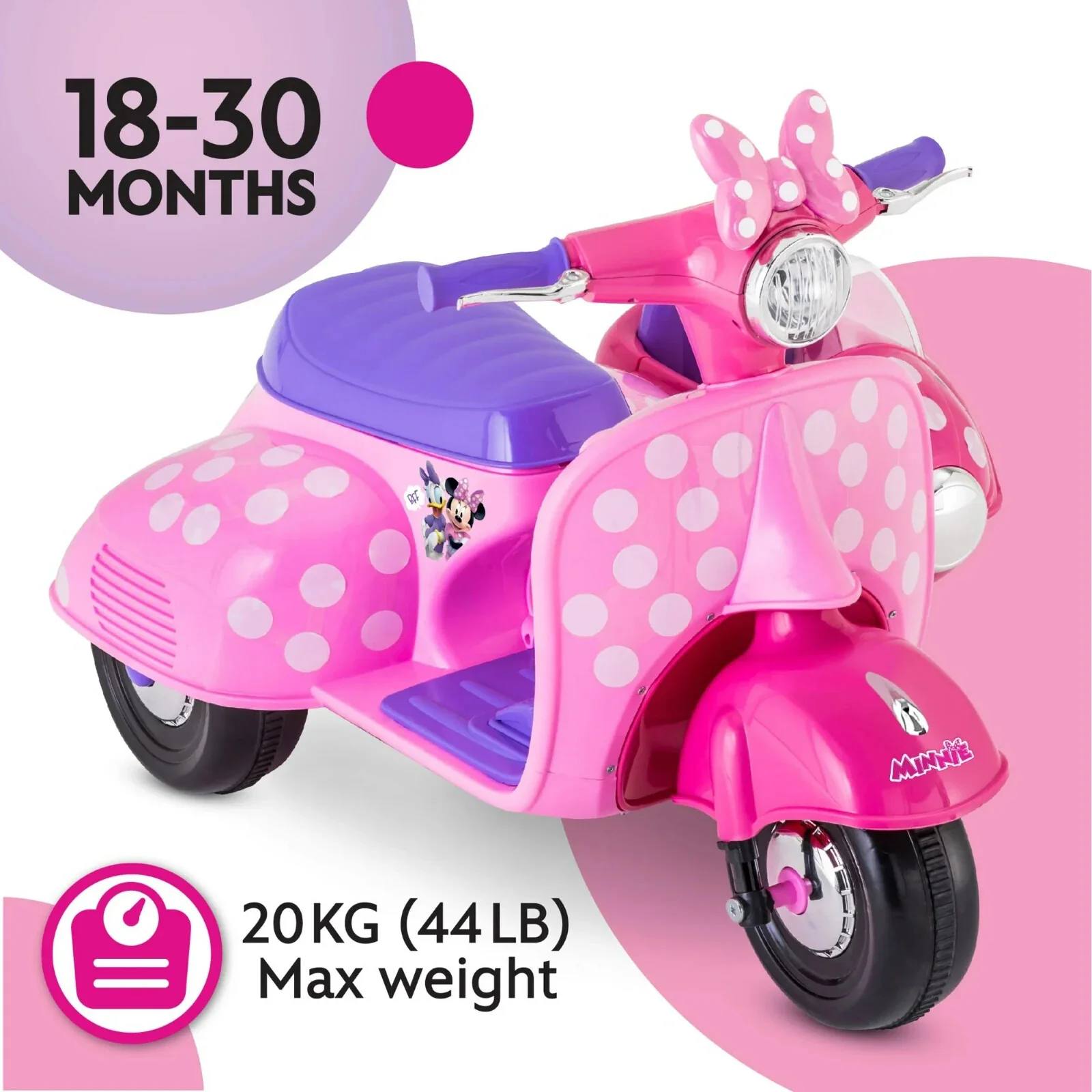 Battery-Powered Minnie Mouse Electric Scooter with Side Car for Toddlers 18-30 Months Pink - Image 3