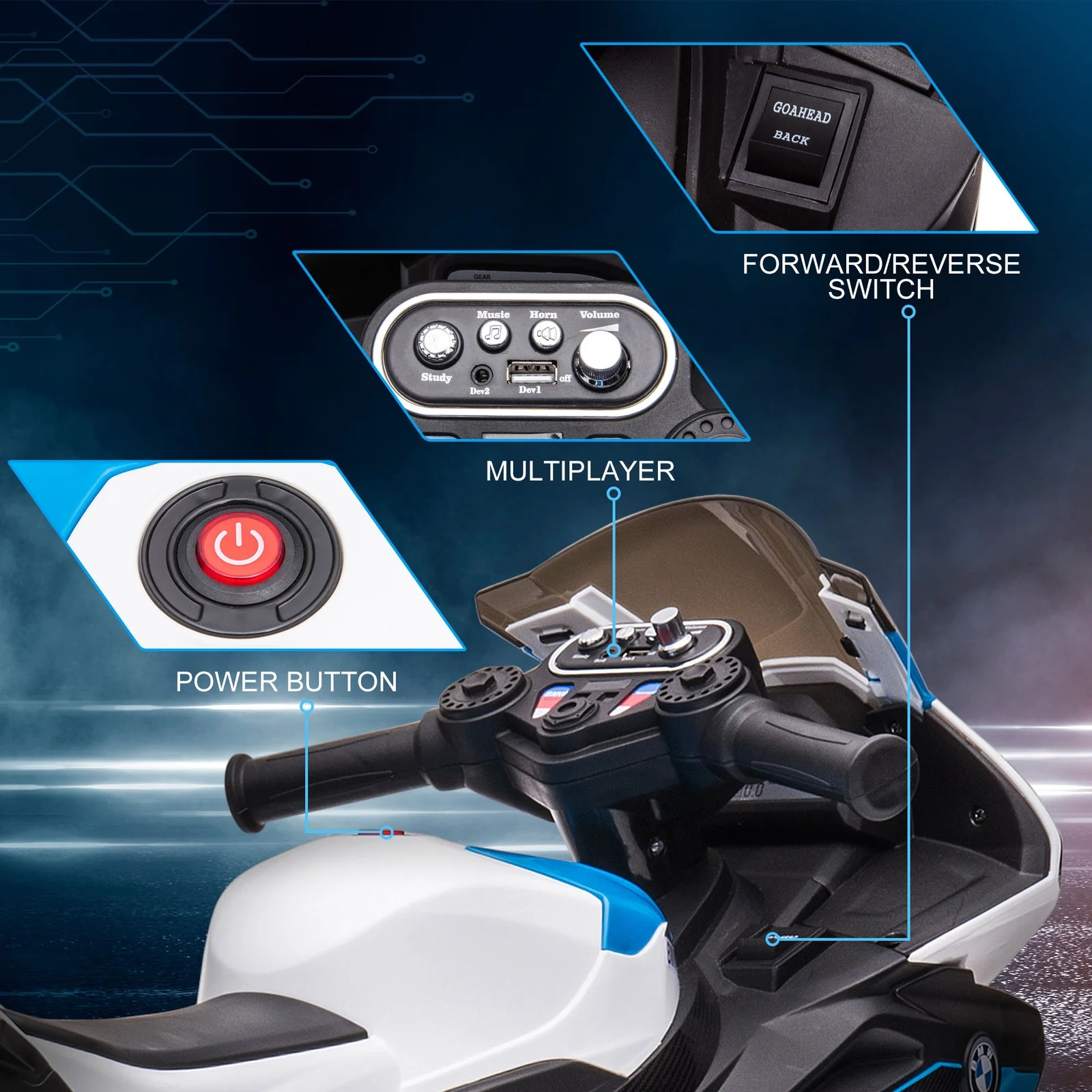 Battery-Powered Blue Multi-Terrain Ride-On Motorbike for Kids - Image 6