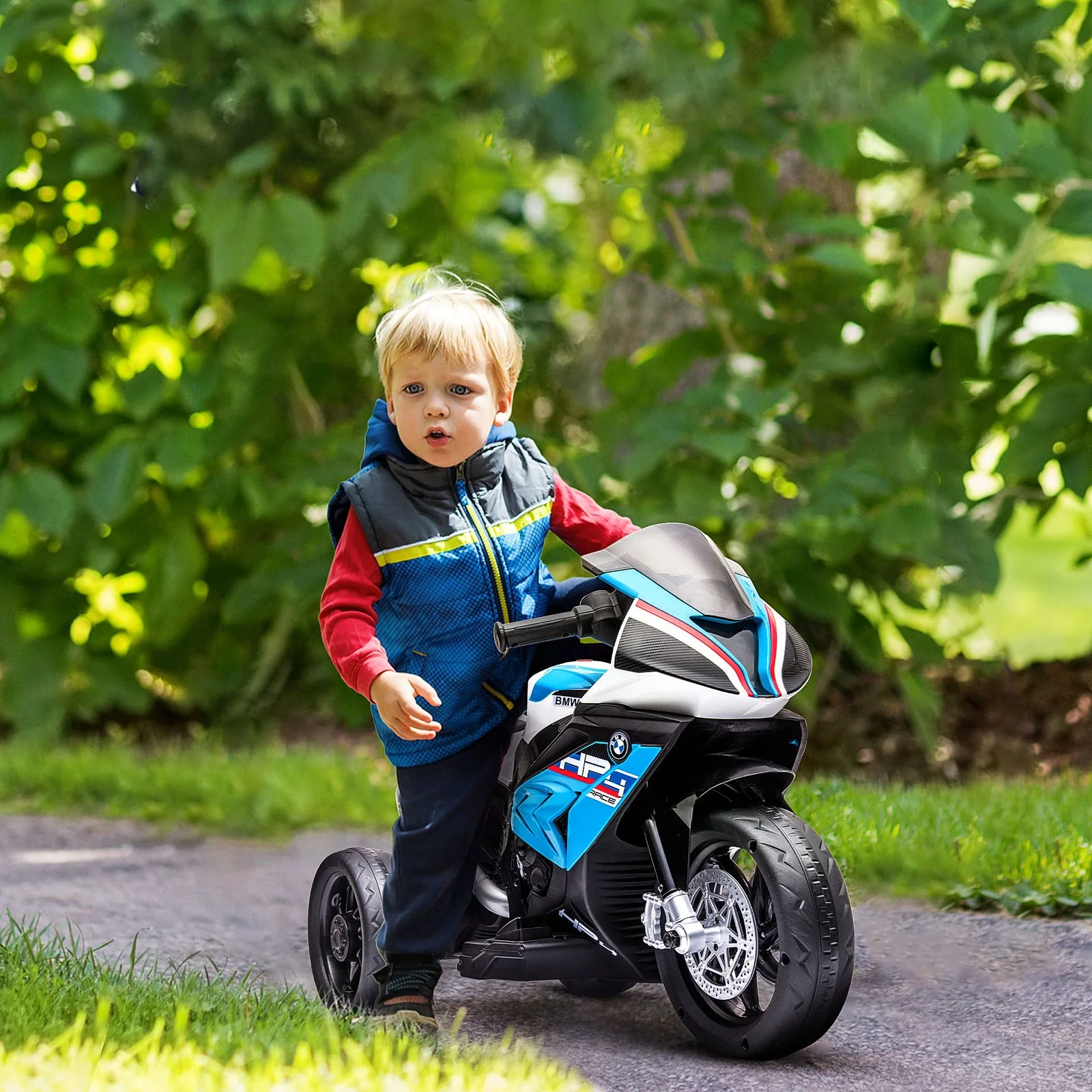 Battery-Powered Blue Multi-Terrain Ride-On Motorbike for Kids - Image 9