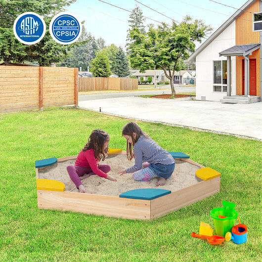 Multicolor Solid Wood Sandbox with 6 Fan-shaped Seats for Outdoor Fun - Image 3