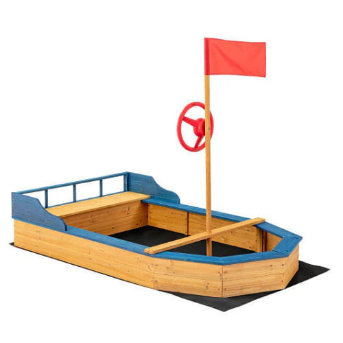 Natural Pirate Boat Sandbox for Kids with Flag and Rudder