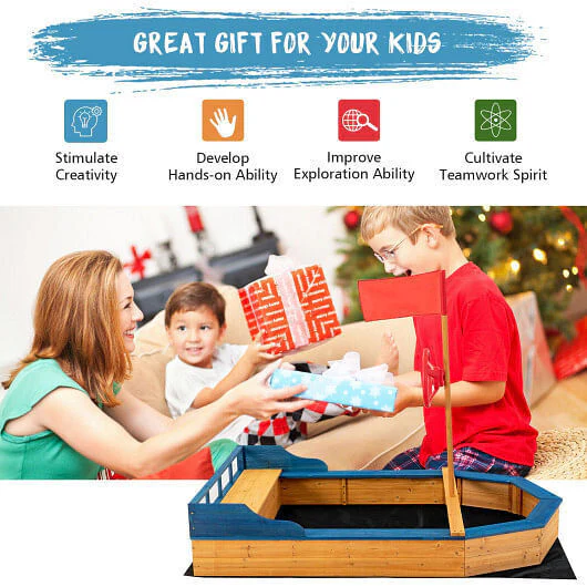 Natural Pirate Boat Sandbox for Kids with Flag and Rudder - Image 5