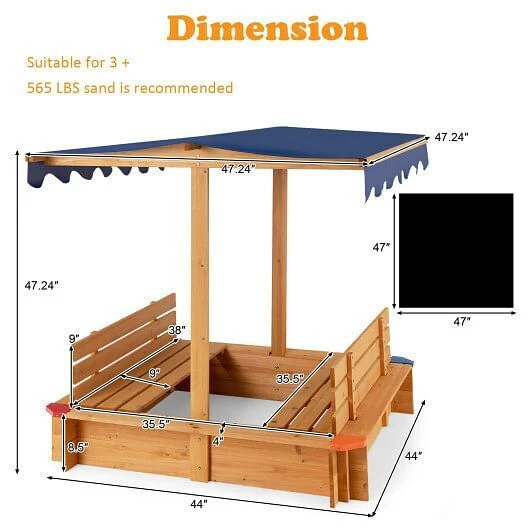 Natural Wooden Sandbox with Canopy and 2 Bench Seats for Kids - Image 4