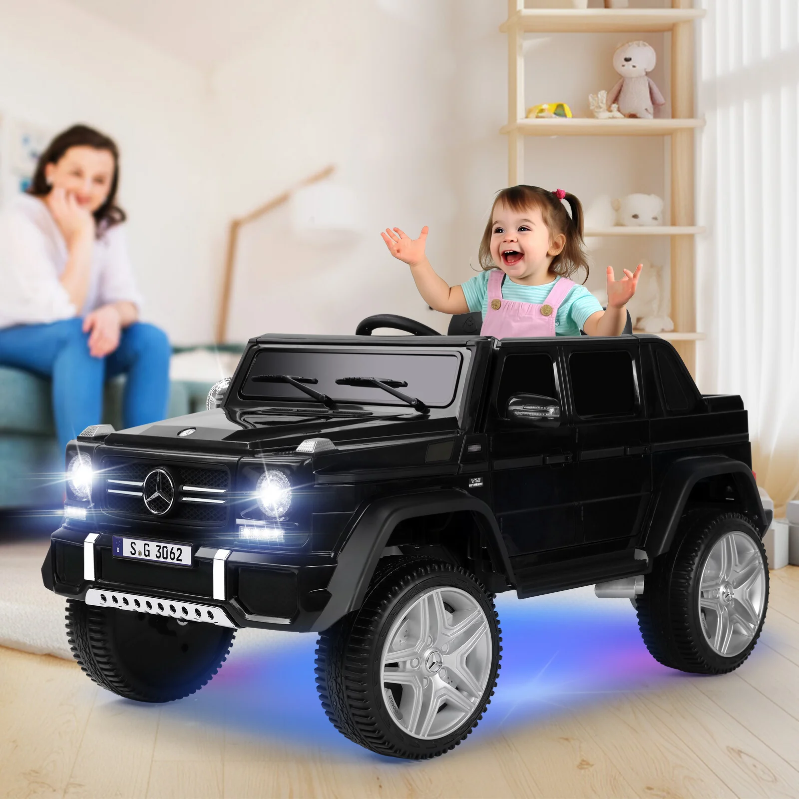 12V Electric Kids Ride-On Car with LED Lights and Music Remote Control, Black - Image 12