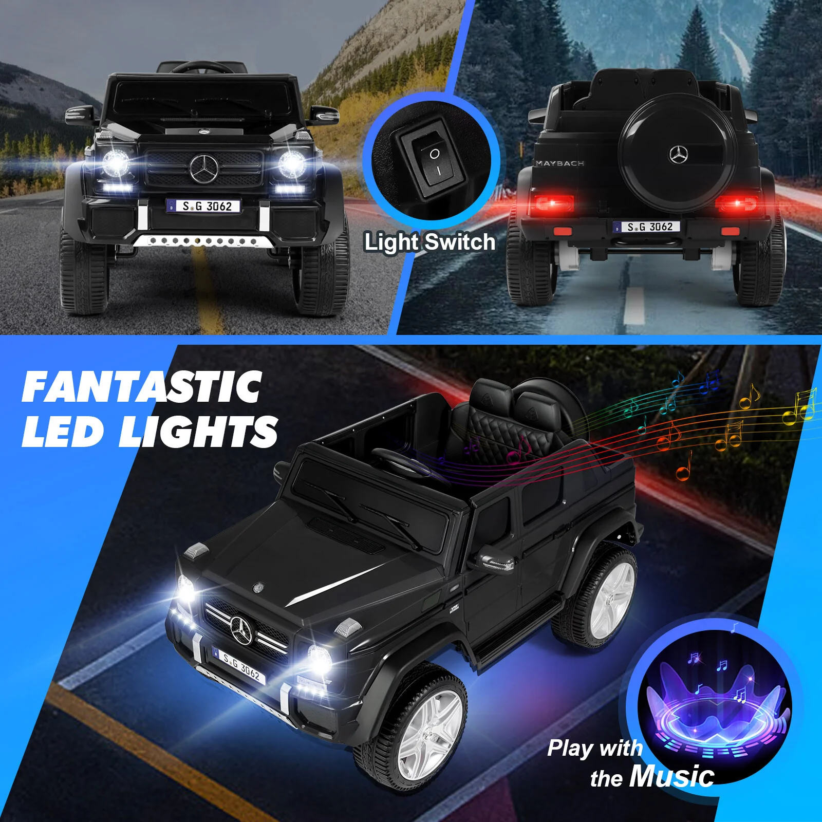 12V Electric Kids Ride-On Car with LED Lights and Music Remote Control, Black - Image 5