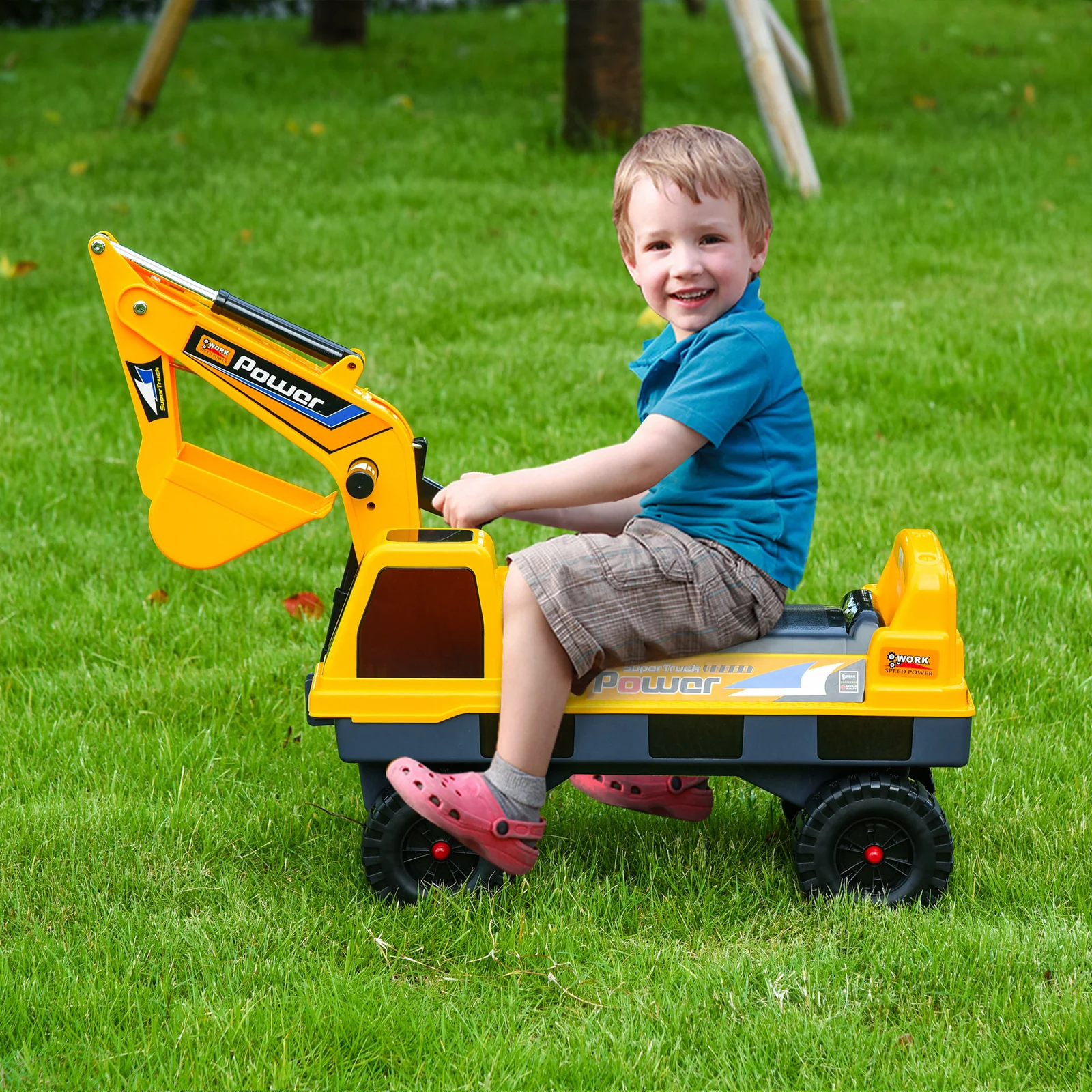 Power 2-in-1 Ride-On Excavator with Helmet and Claw Construction Truck Set - Image 2