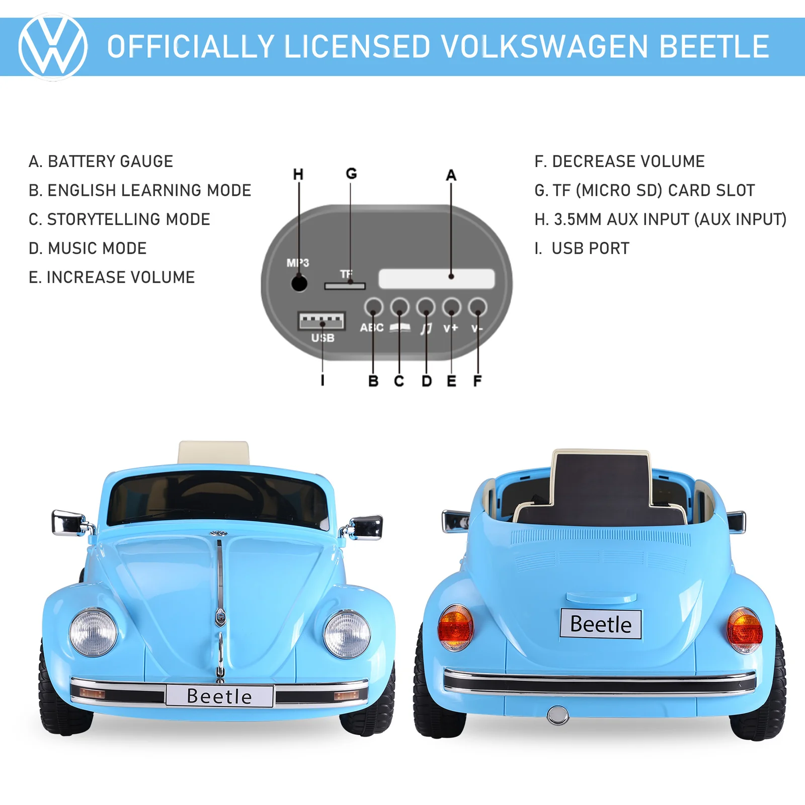 Kids Volkswagen Beetle Ride-On Car Toy with Extra Wide Tires for Outdoor Use - Image 4