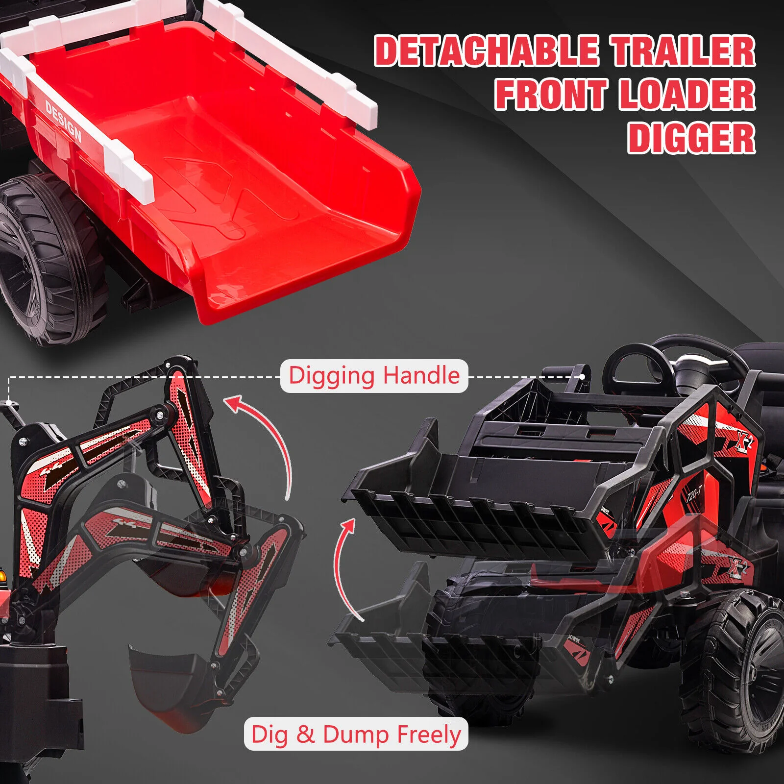 Outdoor Excavator and Bulldozer Ride-On Toy with Trailer and LED Lights for Kids - Image 11