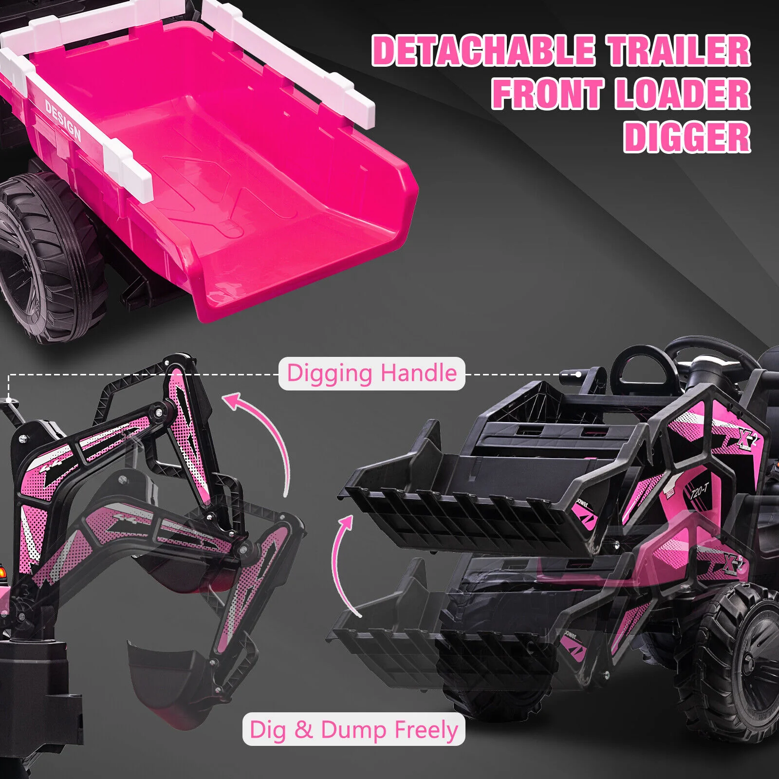 Outdoor Excavator and Bulldozer Ride-On Toy with Trailer and LED Lights for Kids - Image 13