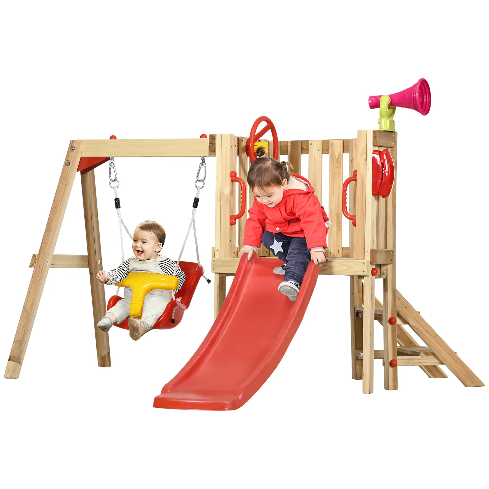 4-in-1 Wooden Outdoor Swing Set with Toddler Baby Swing Seat - Image 12