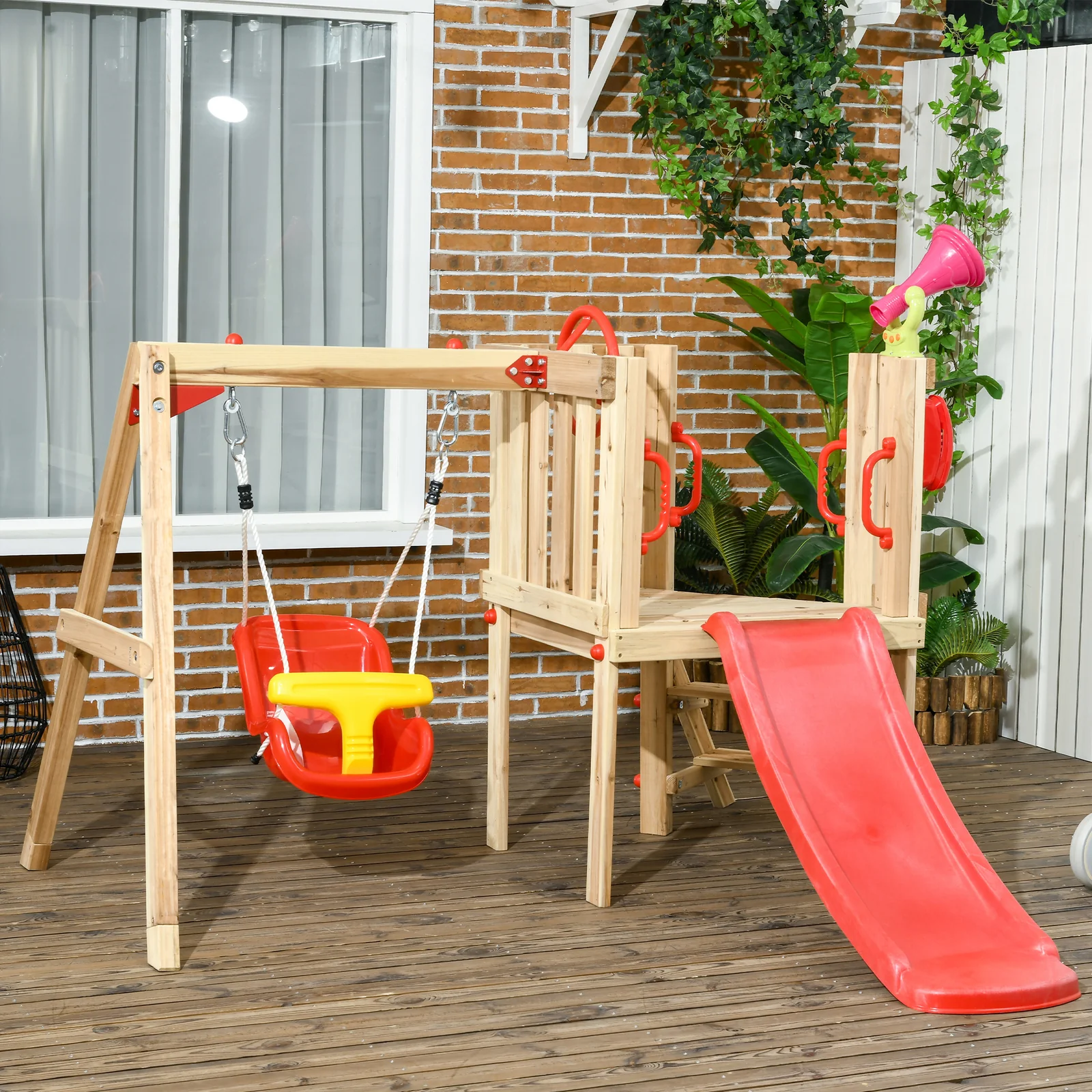 4-in-1 Wooden Outdoor Swing Set with Toddler Baby Swing Seat - Image 2