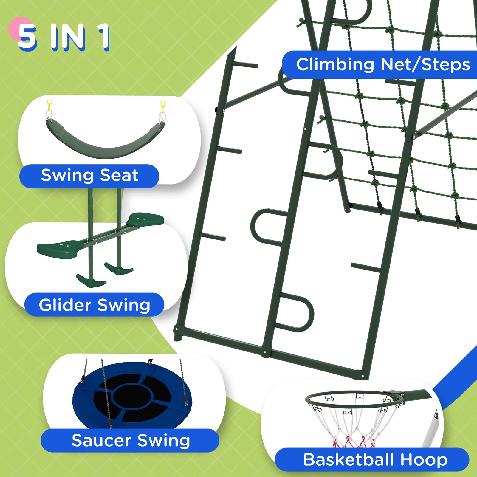 528 lbs Capacity Heavy-Duty 5-in-1 Backyard Swing Set with A-Frame Stand - Image 5