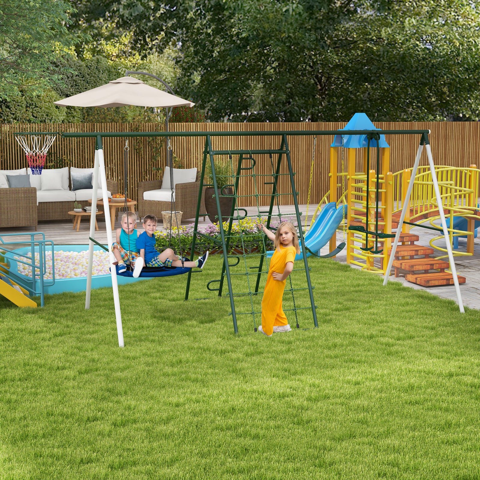 528 lbs Capacity Heavy-Duty 5-in-1 Backyard Swing Set with A-Frame Stand - Image 8