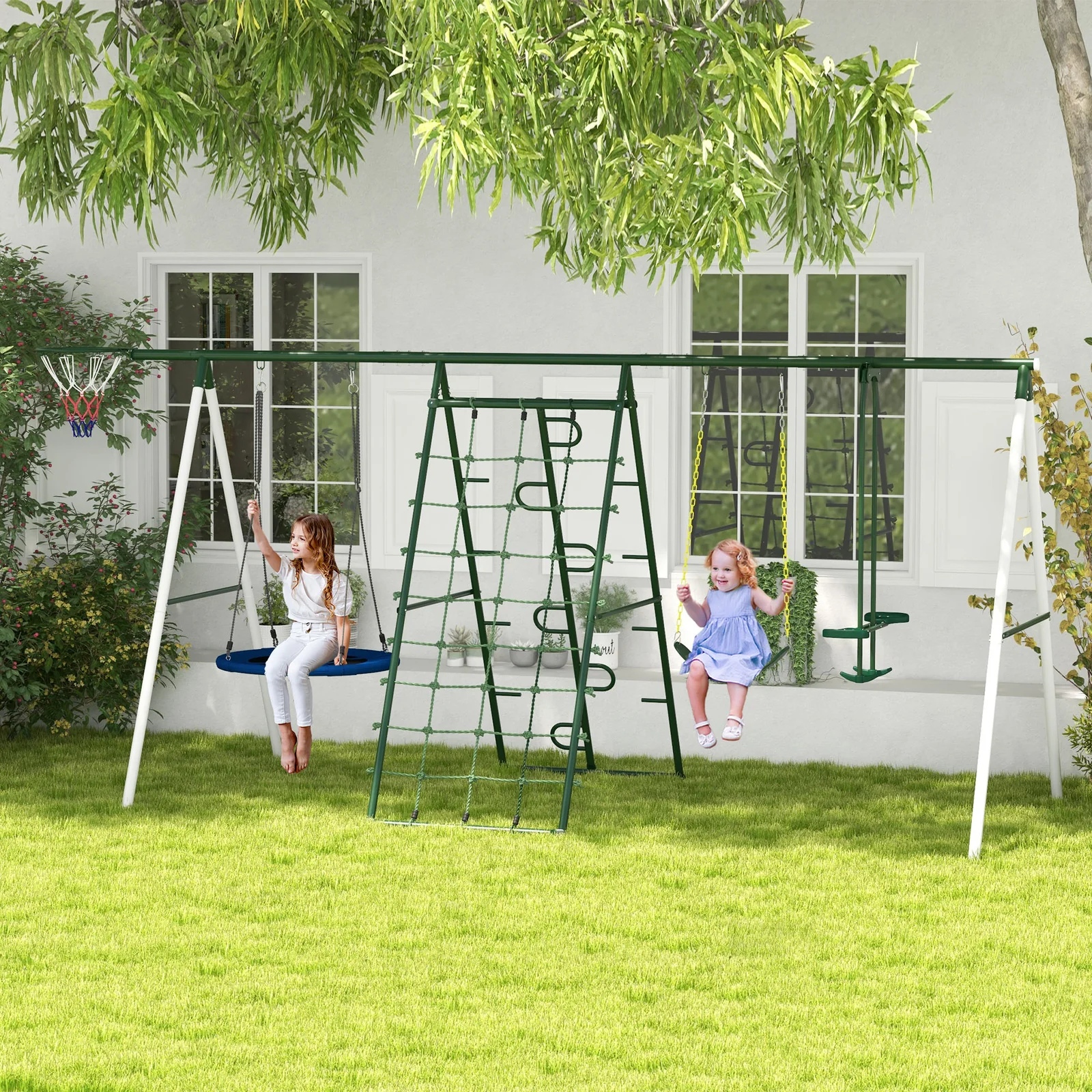 528 lbs Capacity Heavy-Duty 5-in-1 Backyard Swing Set with A-Frame Stand - Image 9