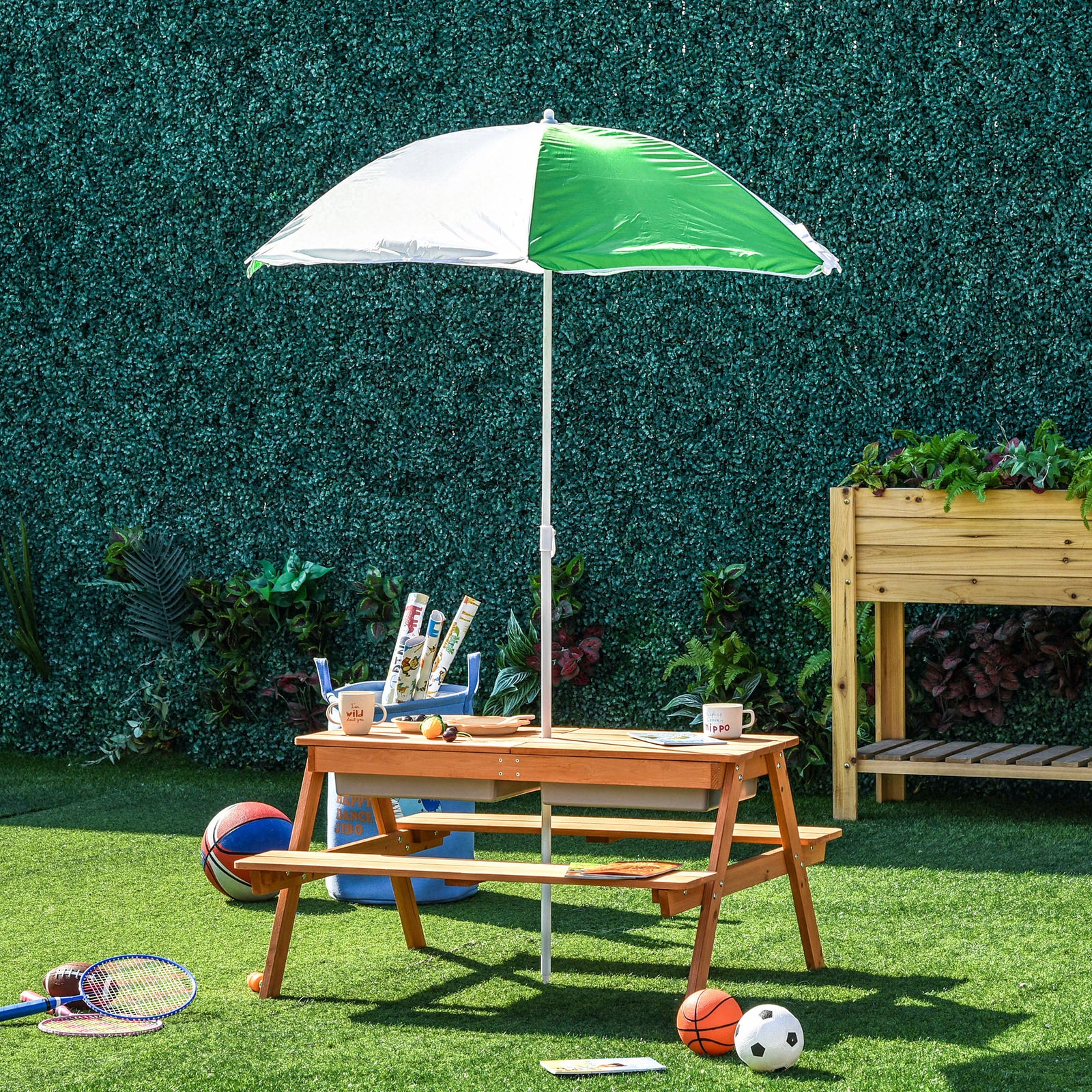 Kids Picnic Table with Umbrella and Built-in Sand and Water Play Table - Image 8