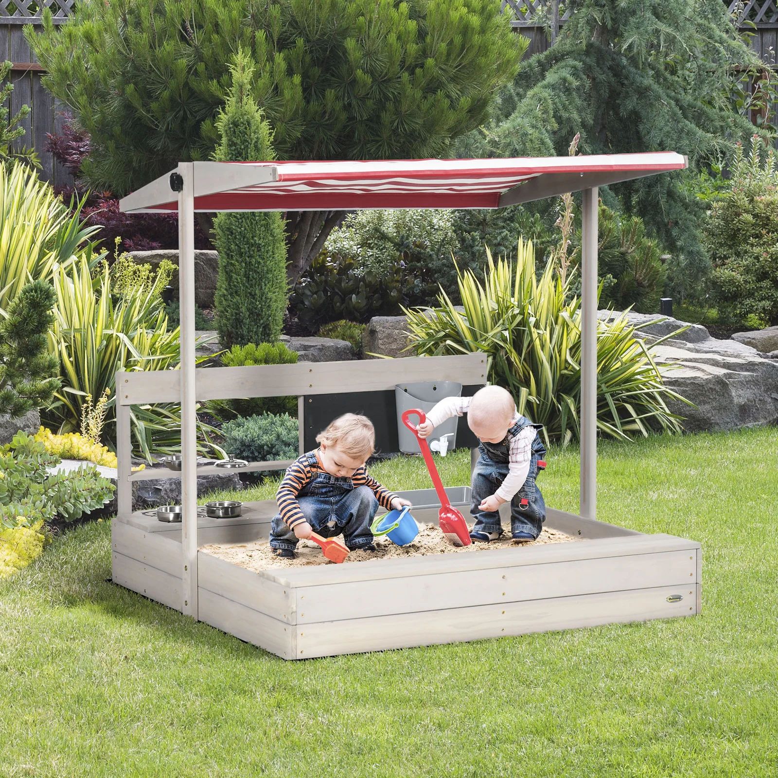 Adjustable Wooden Kids Sandbox with Canopy and Play Kit for Backyard - Image 2