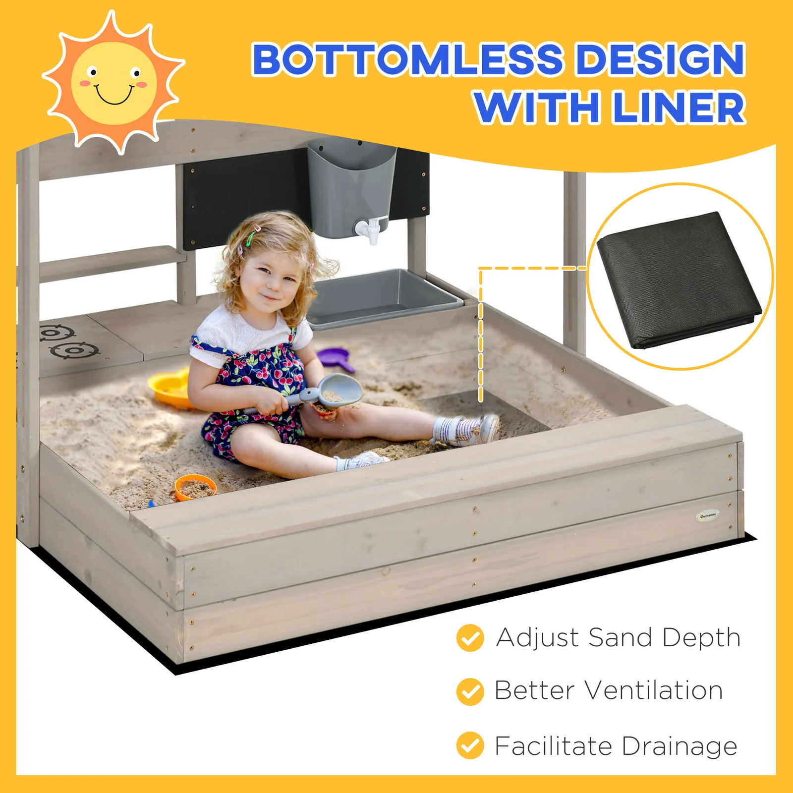 Adjustable Wooden Kids Sandbox with Canopy and Play Kit for Backyard - Image 7