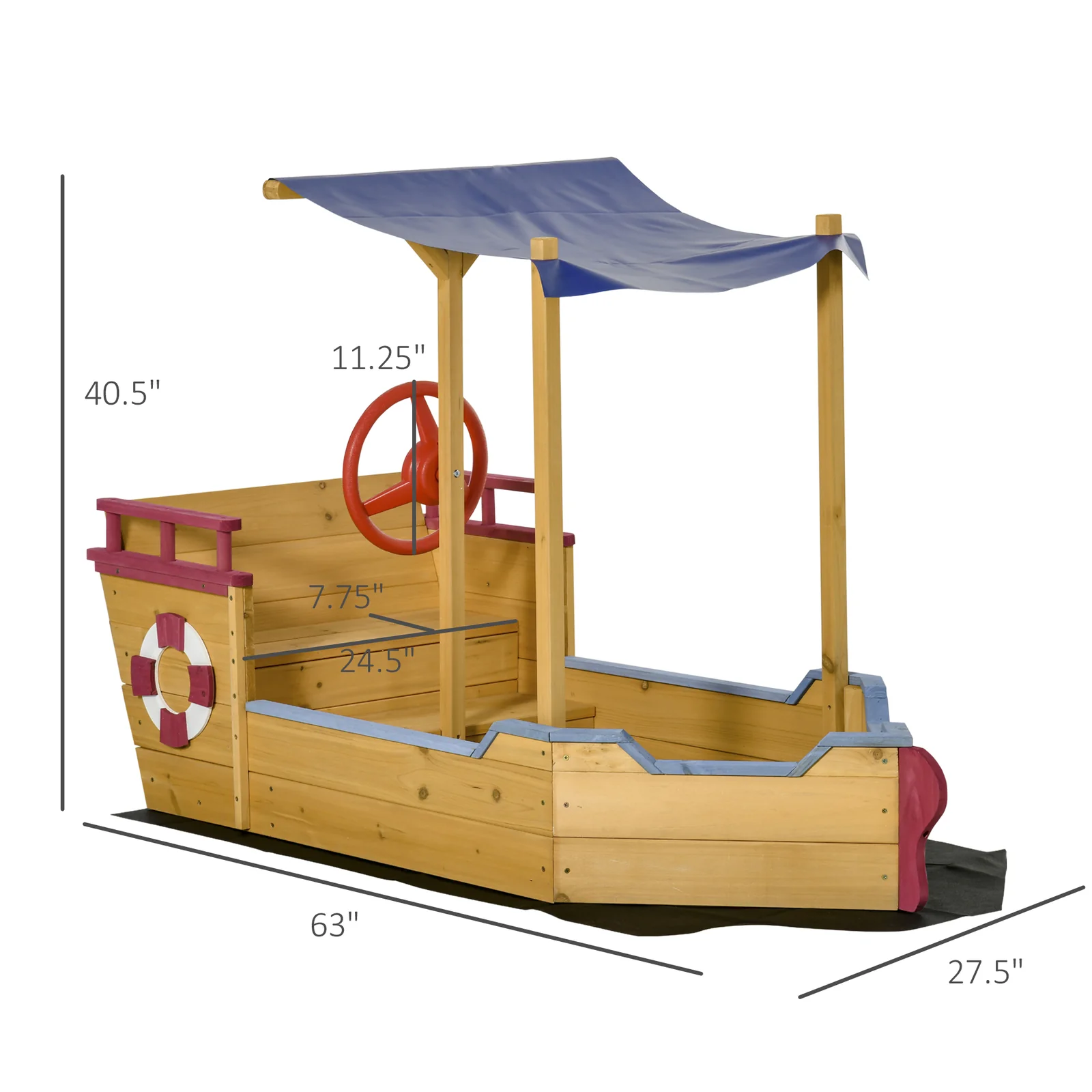 Wooden Pirate Ship Sandbox with Cover, Rudder, and Storage Bench - Image 10