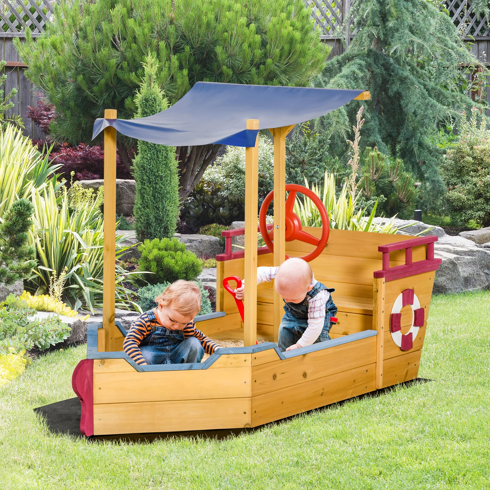 Wooden Pirate Ship Sandbox with Cover, Rudder, and Storage Bench - Image 11