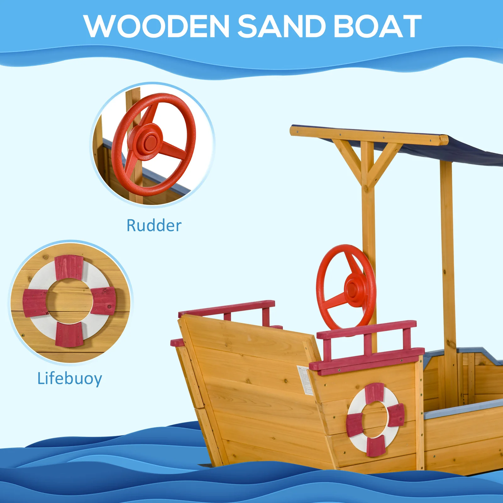Wooden Pirate Ship Sandbox with Cover, Rudder, and Storage Bench - Image 5