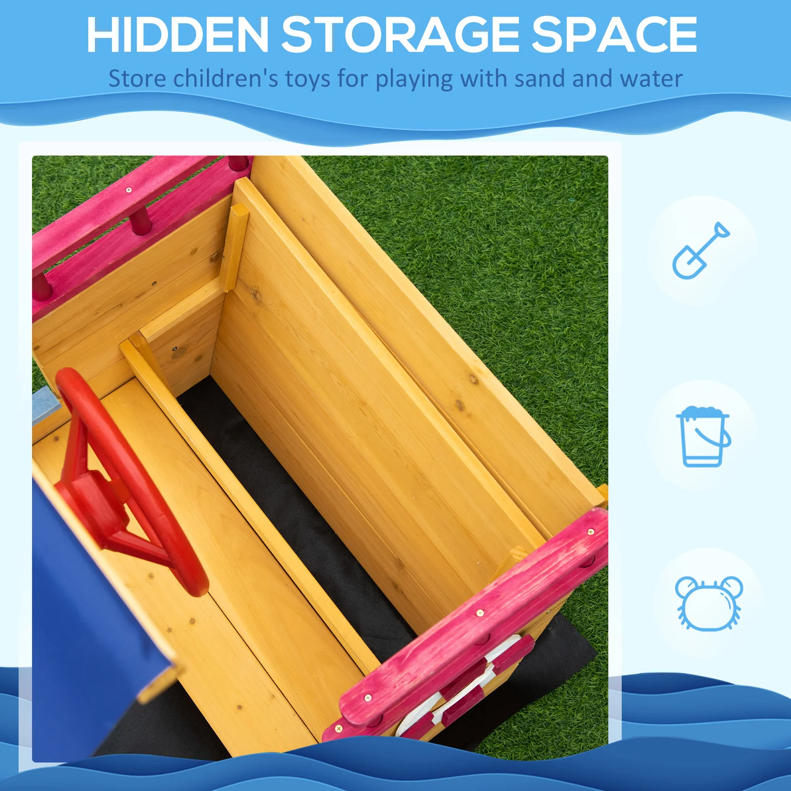 Wooden Pirate Ship Sandbox with Cover, Rudder, and Storage Bench - Image 6