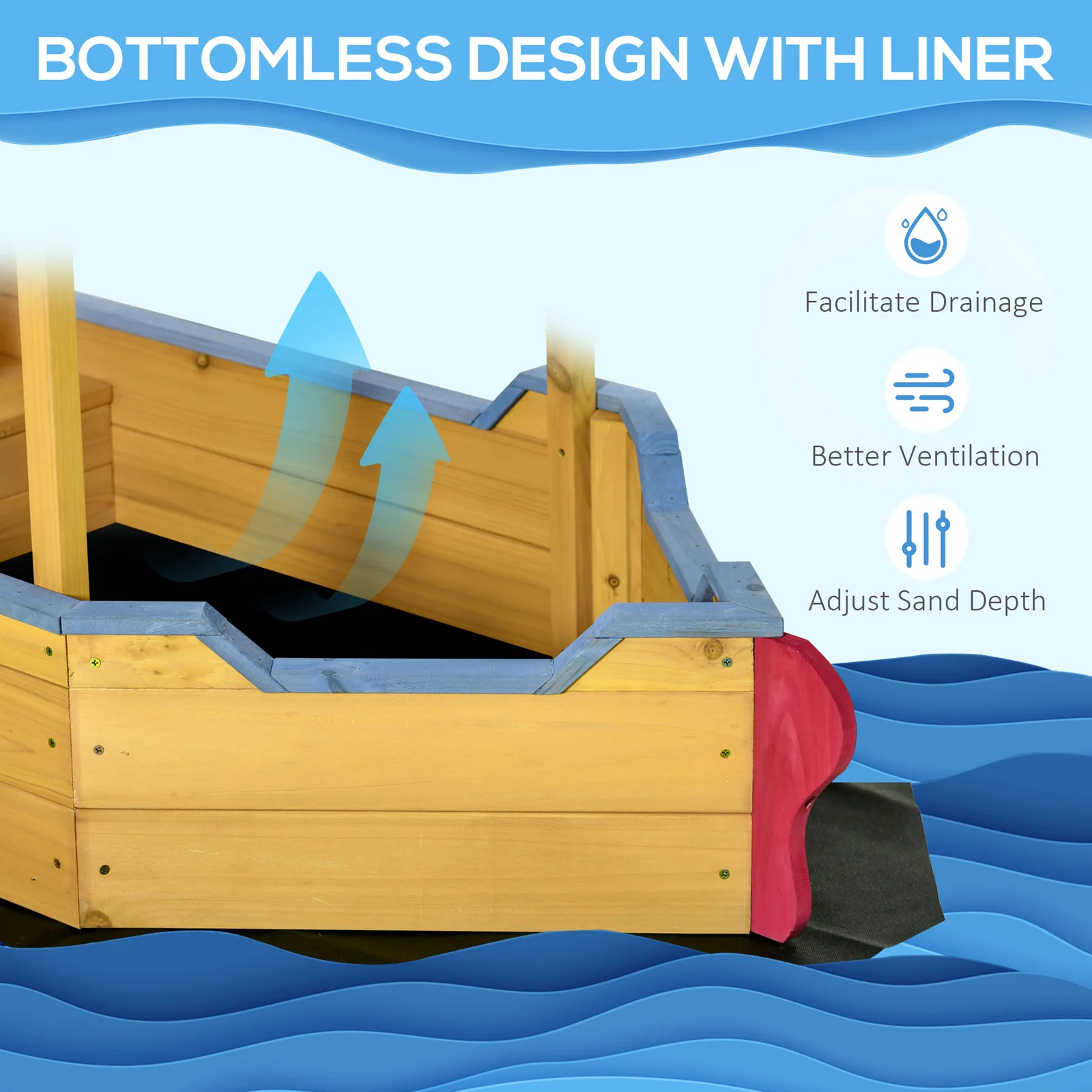 Wooden Pirate Ship Sandbox with Cover, Rudder, and Storage Bench - Image 8