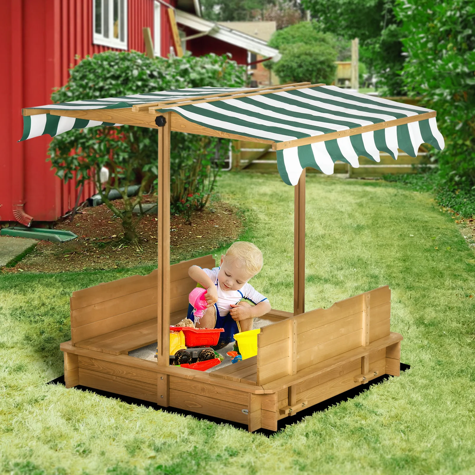 Wooden Kids Sandbox with Cover and Foldable Bench for Outdoor Play - Image 11