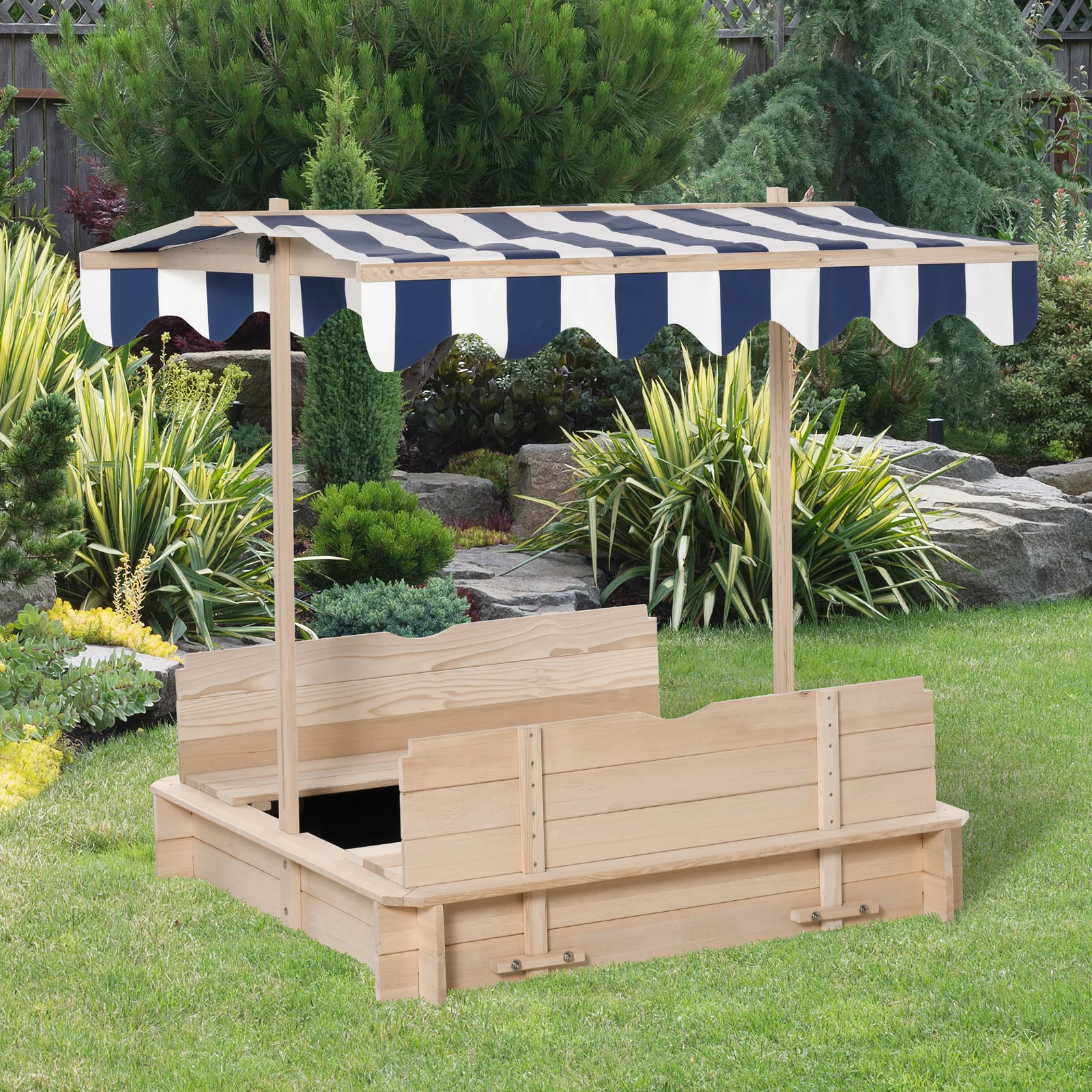 Wooden Kids Sandbox with Cover and Foldable Bench for Outdoor Play - Image 2