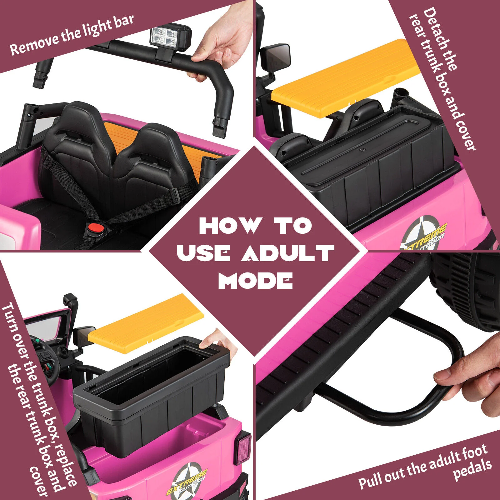 Parent-Child Ride On Truck Car with Remote Control, Music, and LED Lights - 12V 10AH, Pink - Image 7