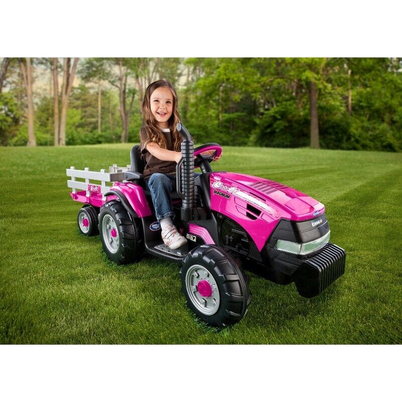 Peg Perego 12V Case IH Magnum Tractor with Trailer Electric Ride-On - Rose - Image 3