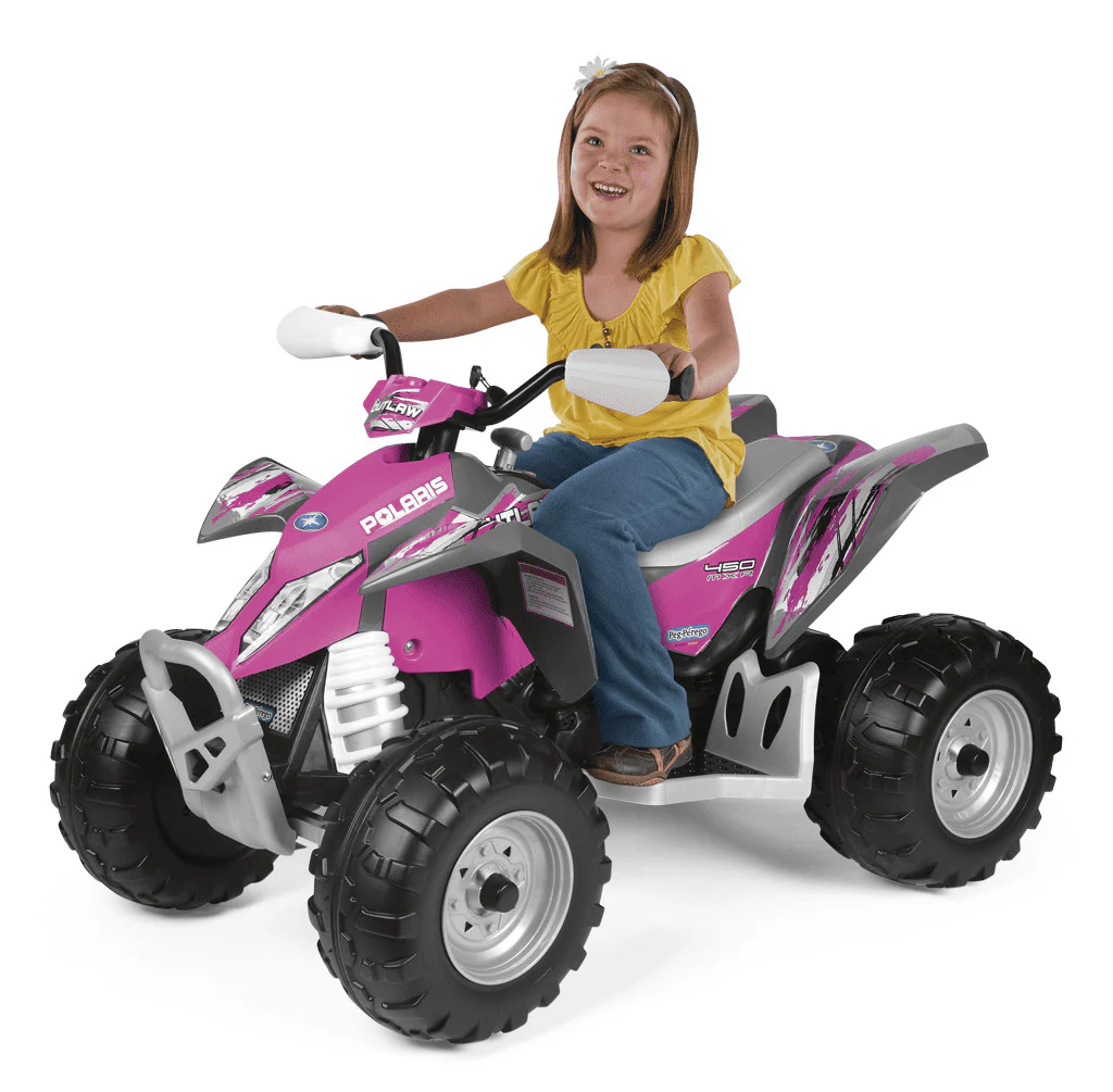 Pink Ride-On 12V Polaris Outlaw ATV with 2-Speed Power and Adjustable 2.5 or 5 MPH Speeds