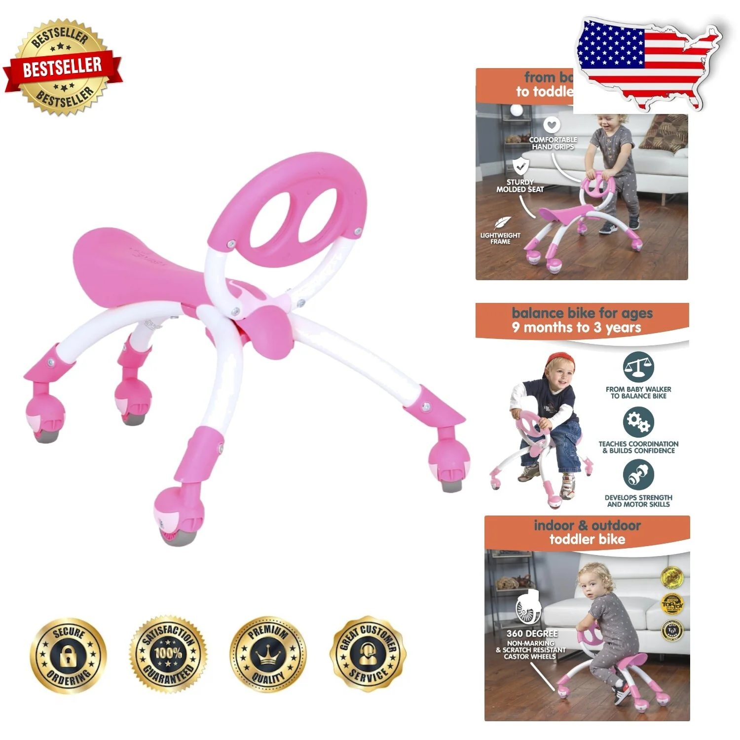 Pink Push Ride-On Toy for Balanced Development Ages 9 Months to 3 Years