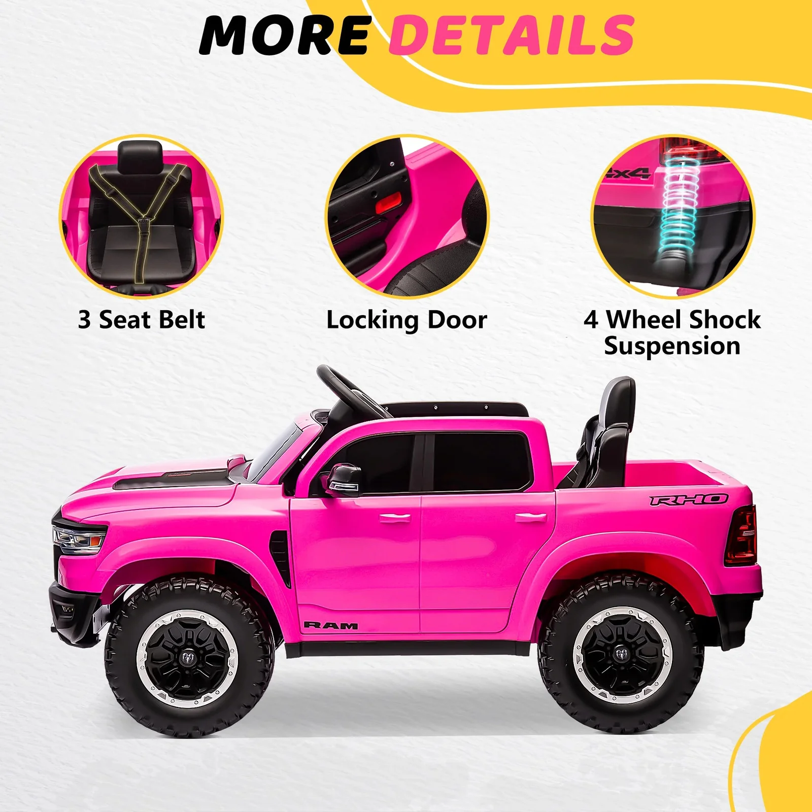 12V Pink Ride-On Truck Toy for Kids with Remote Control, Music, and Lights - Image 8