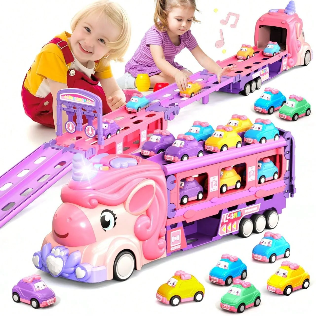 Magical Pink Unicorn Race Track Set with 9 Mini Cars for Girls